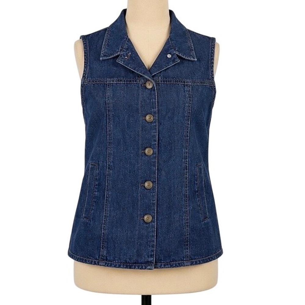 Talbots Women's Denim Collard Vest Sz 8 Cotton Pockets Tailored Chic BOHO Rodeo